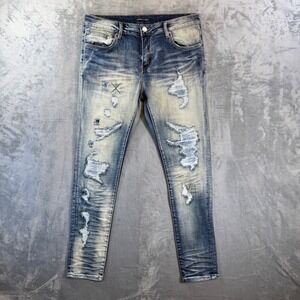 EMBELLISH Distressed Skinny Jeans Men's Size 34x34 Blue Acid Wash Faded Denim